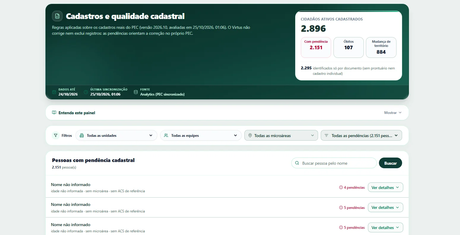 Tela do Virtus APS 360: Qualidade cadastral