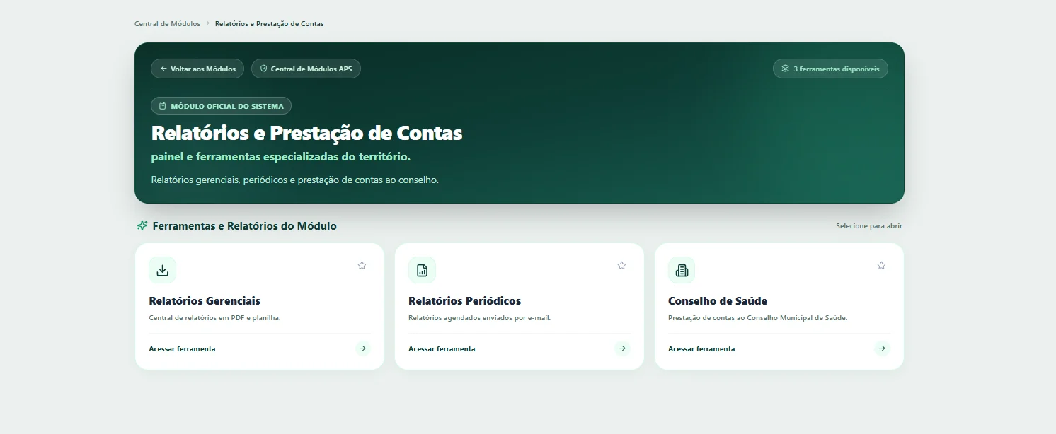 Tela do Virtus APS 360: Relatórios e prestação de contas