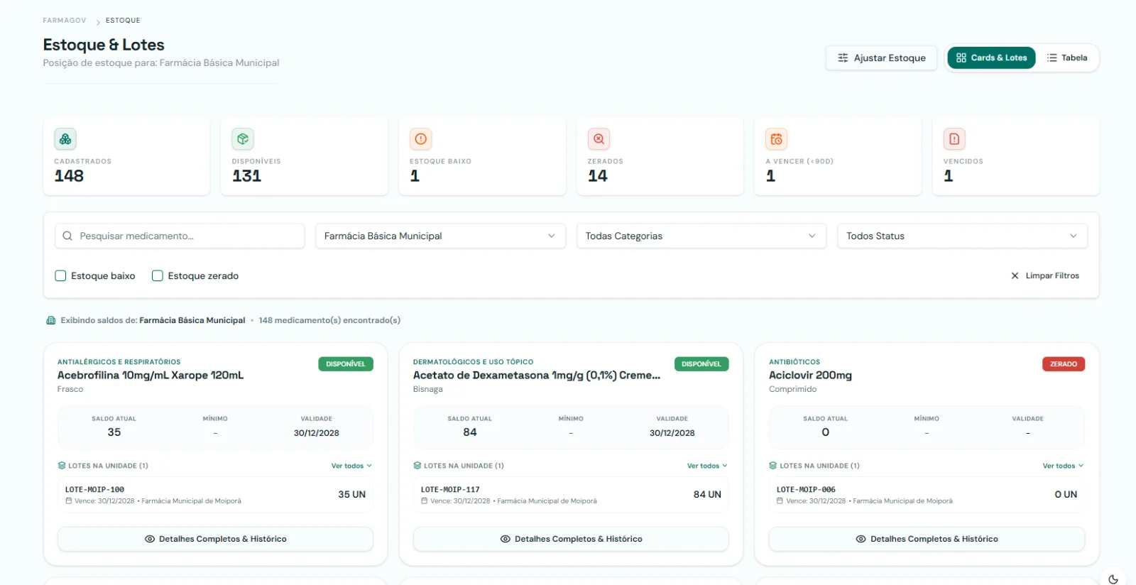 Portal oficial — Estoque por lote e validade