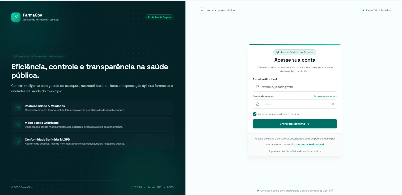 Tela do FarmaGov: Acesso seguro do servidor