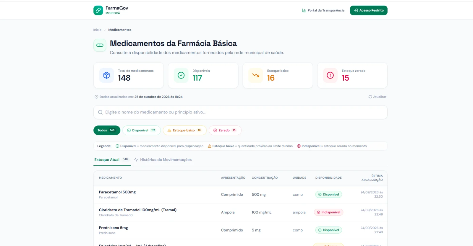 Tela do FarmaGov: Consulta pública de medicamentos