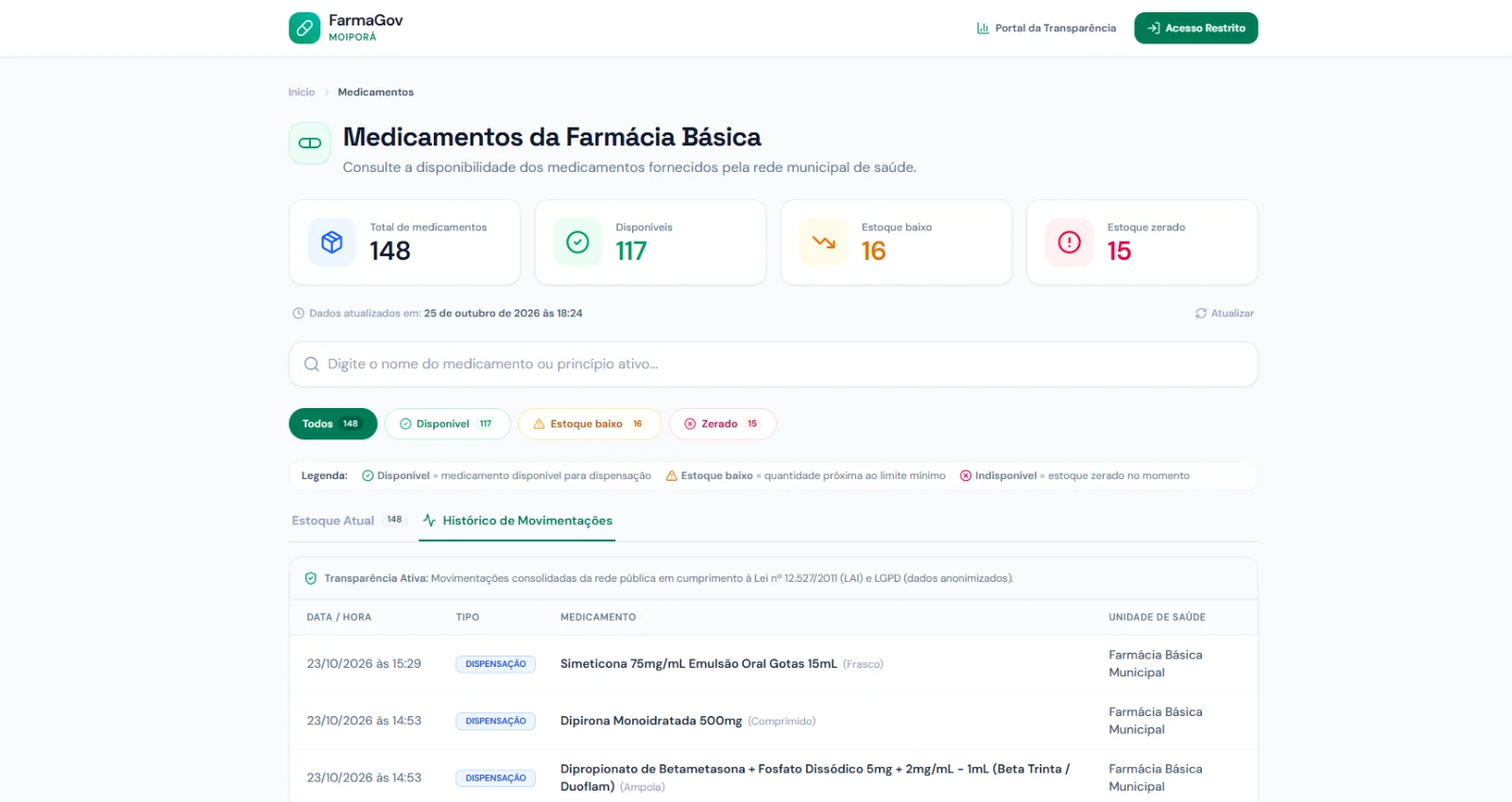 Portal oficial — Histórico de movimentações anonimizado