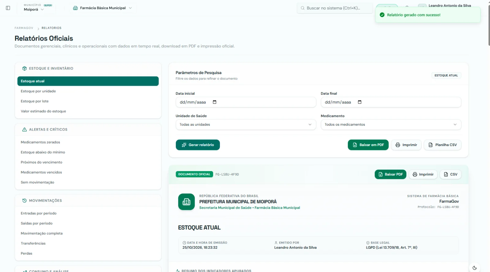 Tela do FarmaGov: Relatórios oficiais