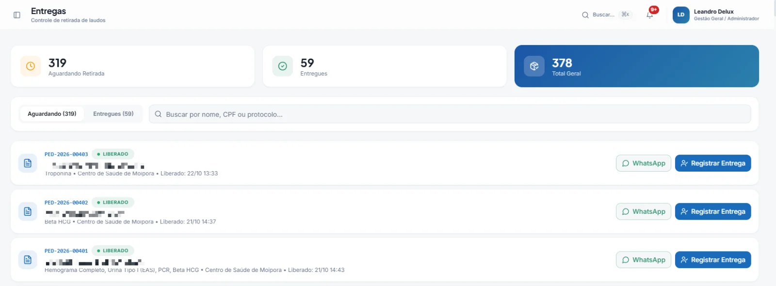 Portal oficial — Entrega de laudos por WhatsApp e retirada
