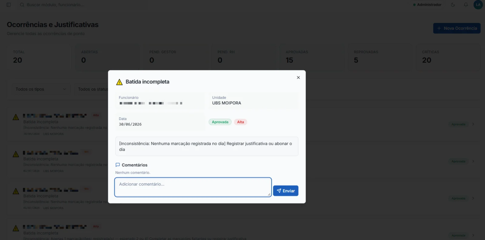 Tela do Nexus Ponto: Ocorrências e aprovações