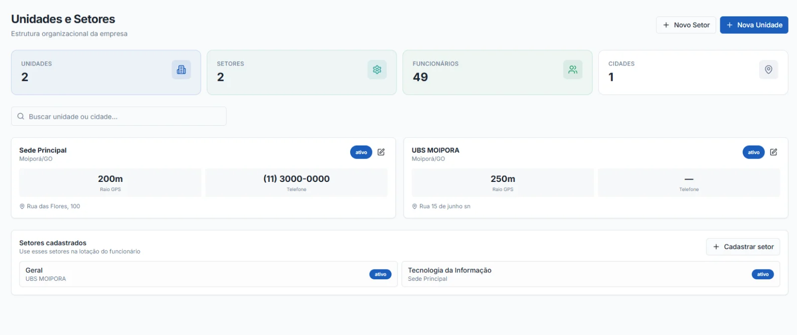 Tela do Nexus Ponto: Unidades e cerca virtual