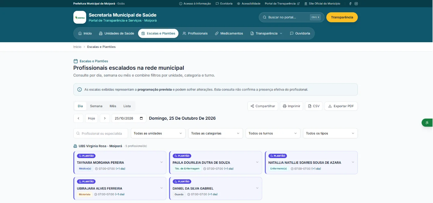 Portal oficial — Escalas e plantões por dia, semana e mês