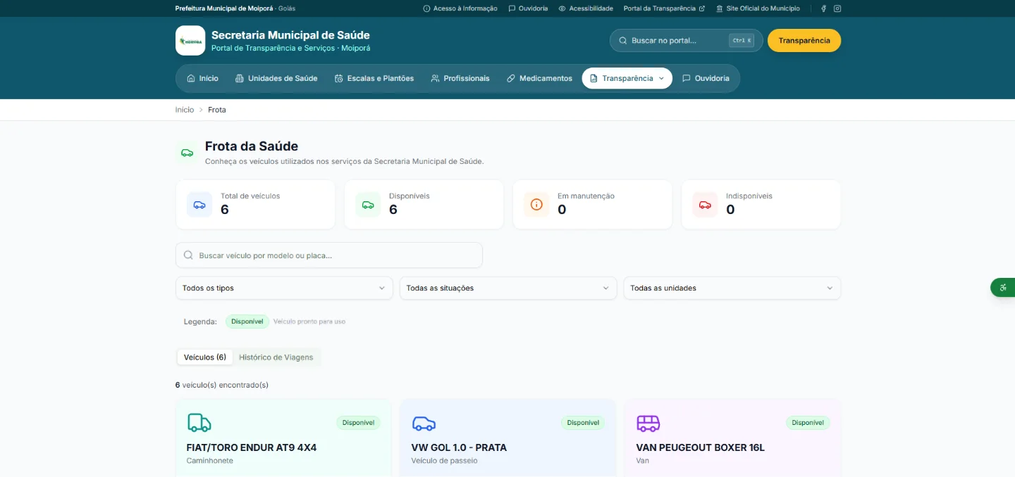 Portal oficial — Frota da saúde e histórico de viagens