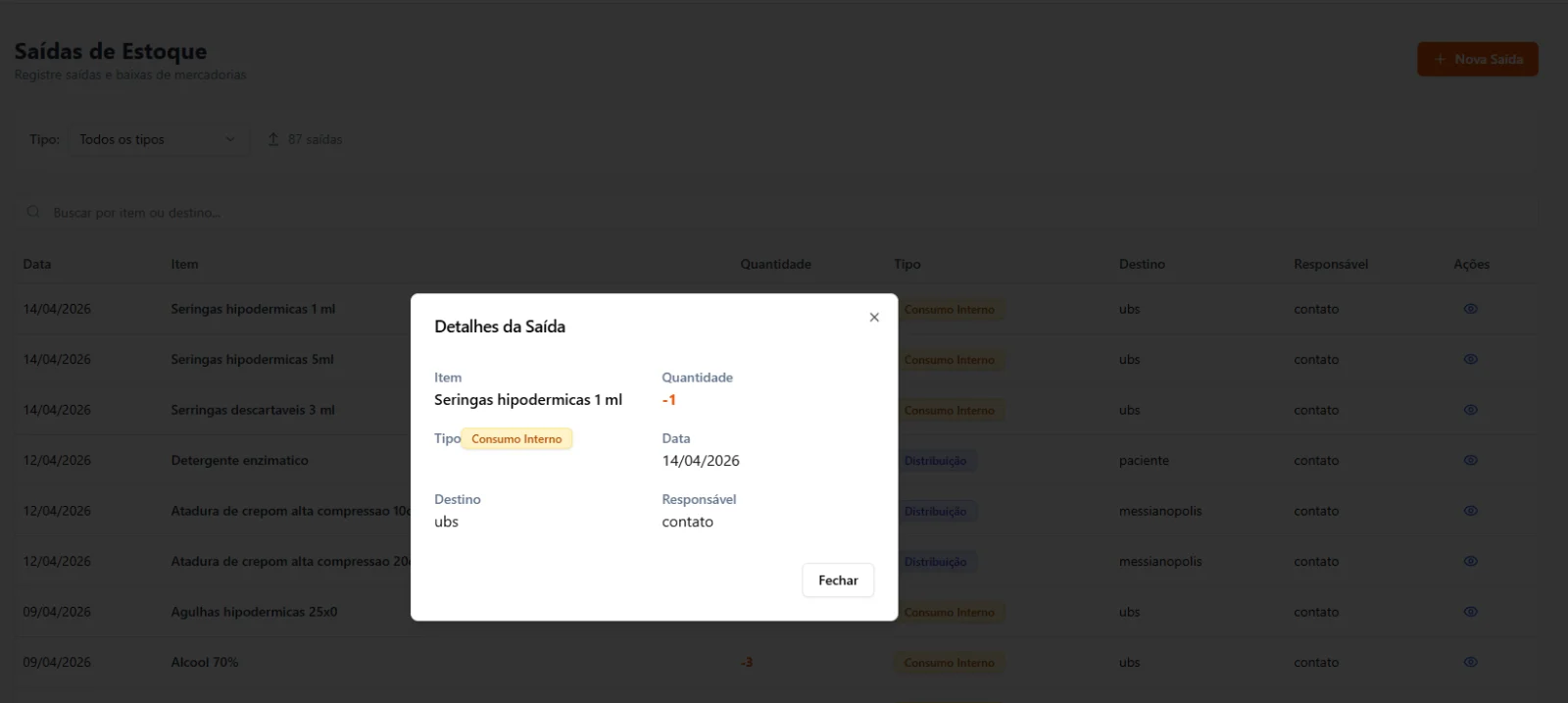 Tela do Stock Saúde: Rastreabilidade de cada lançamento
