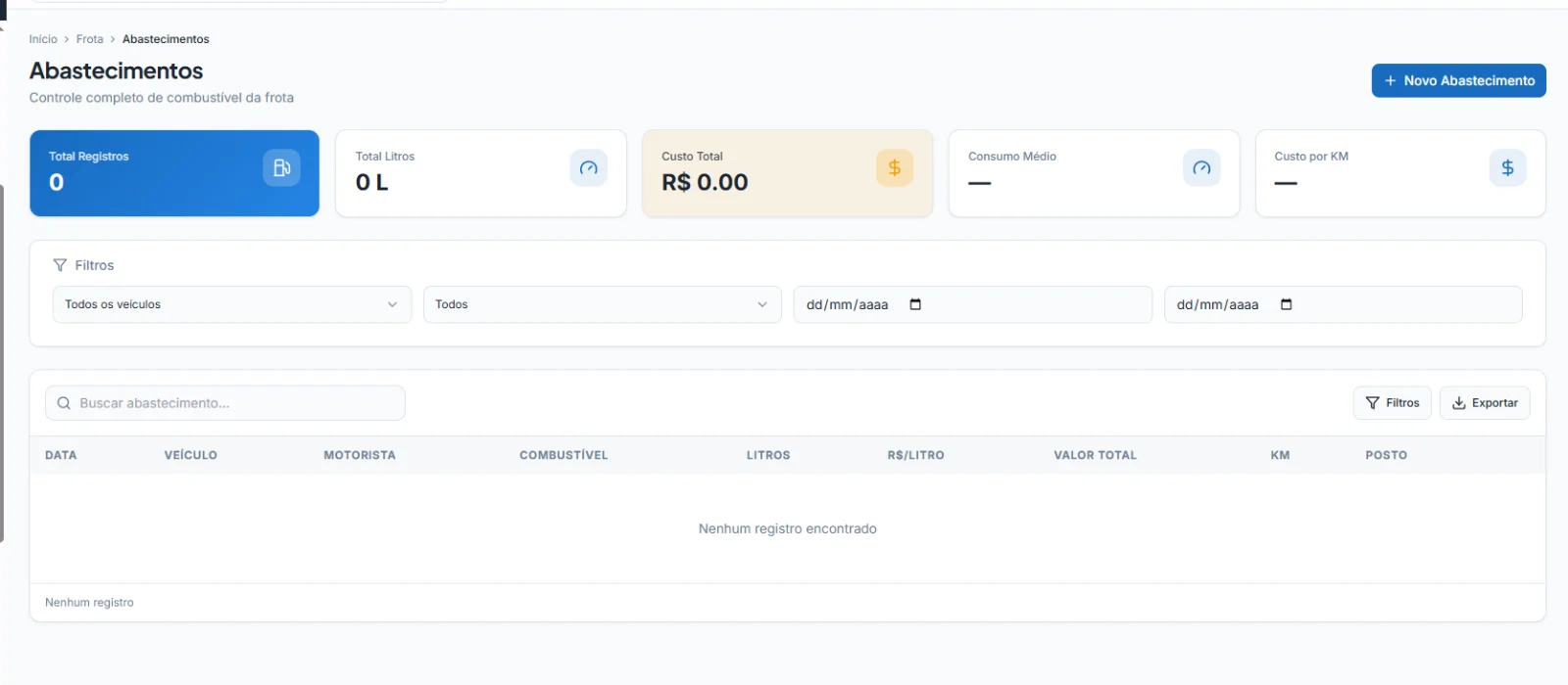 Portal oficial — Abastecimentos: litros, valor, consumo e custo por km