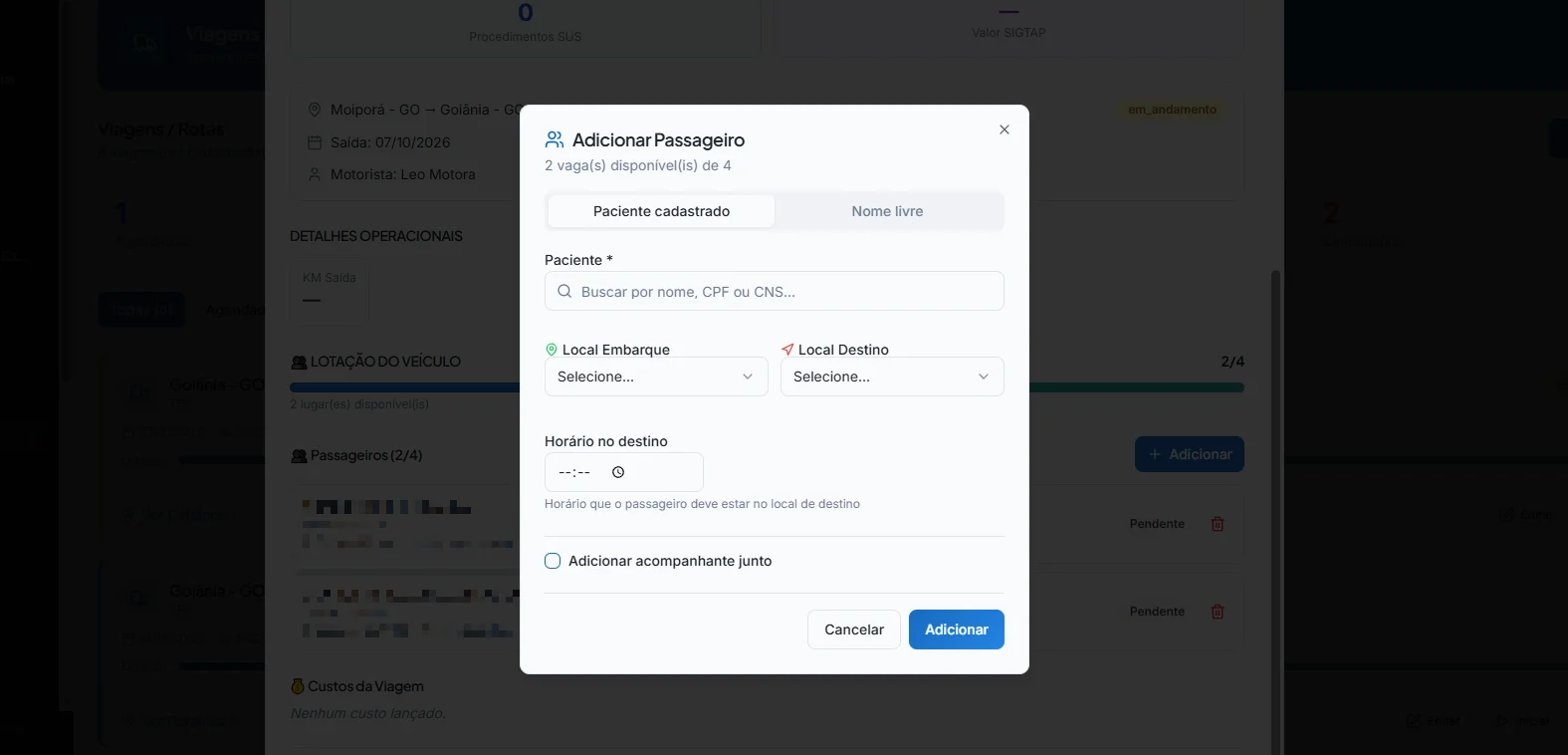 Tela do VirtusMove: Passageiros