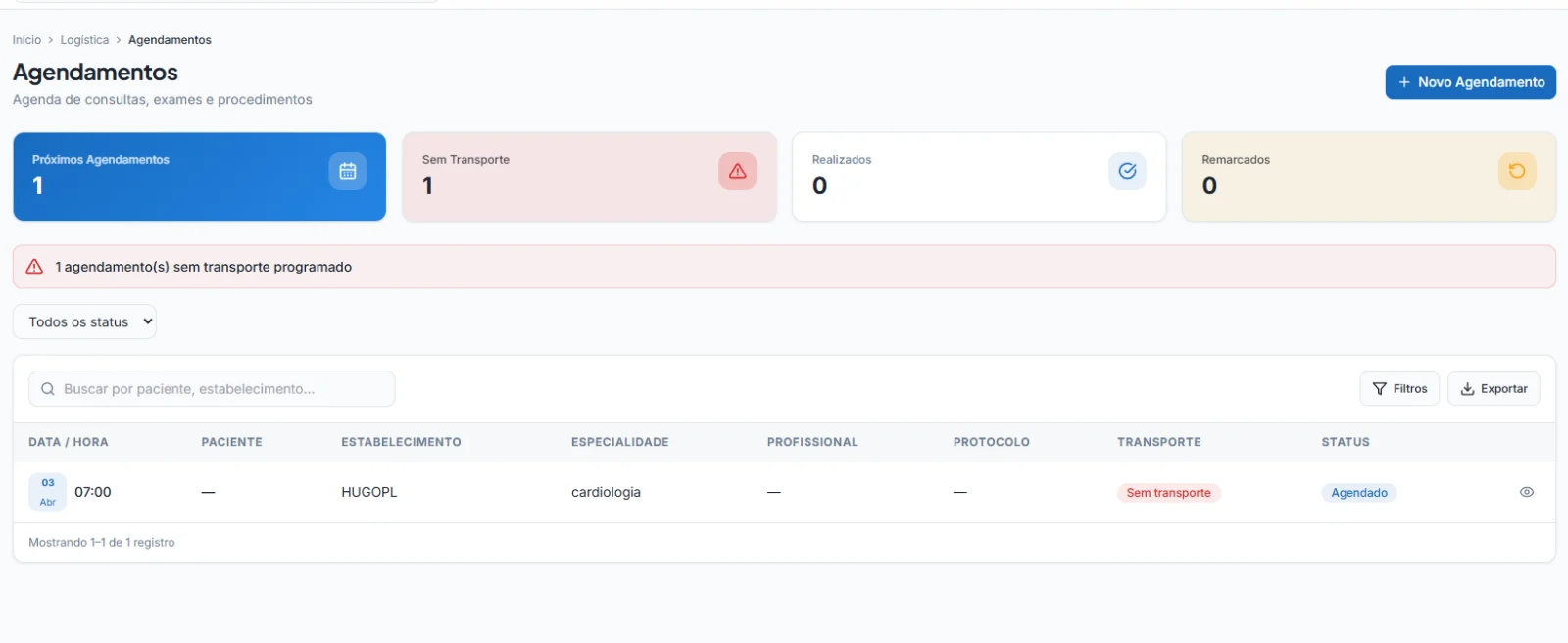 Tela do VirtusMove: Regulação e agendamento