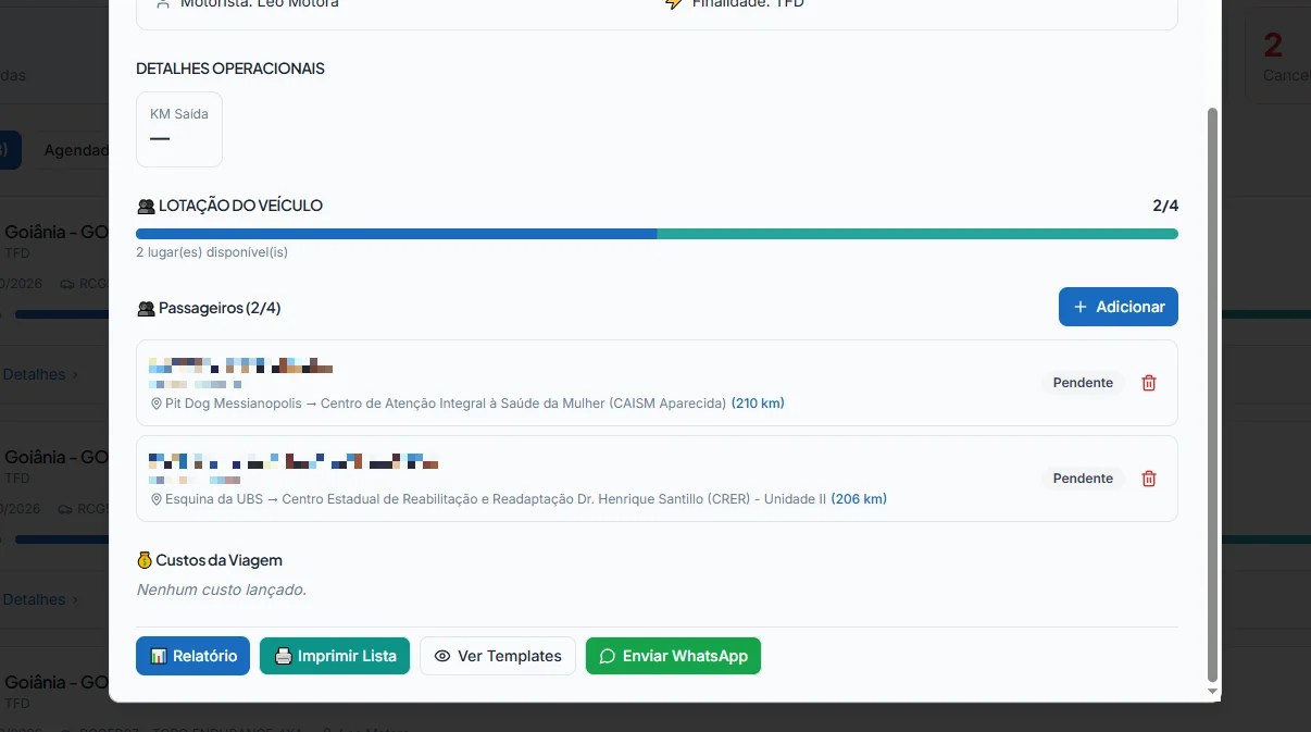 Tela do VirtusMove: Execução da viagem