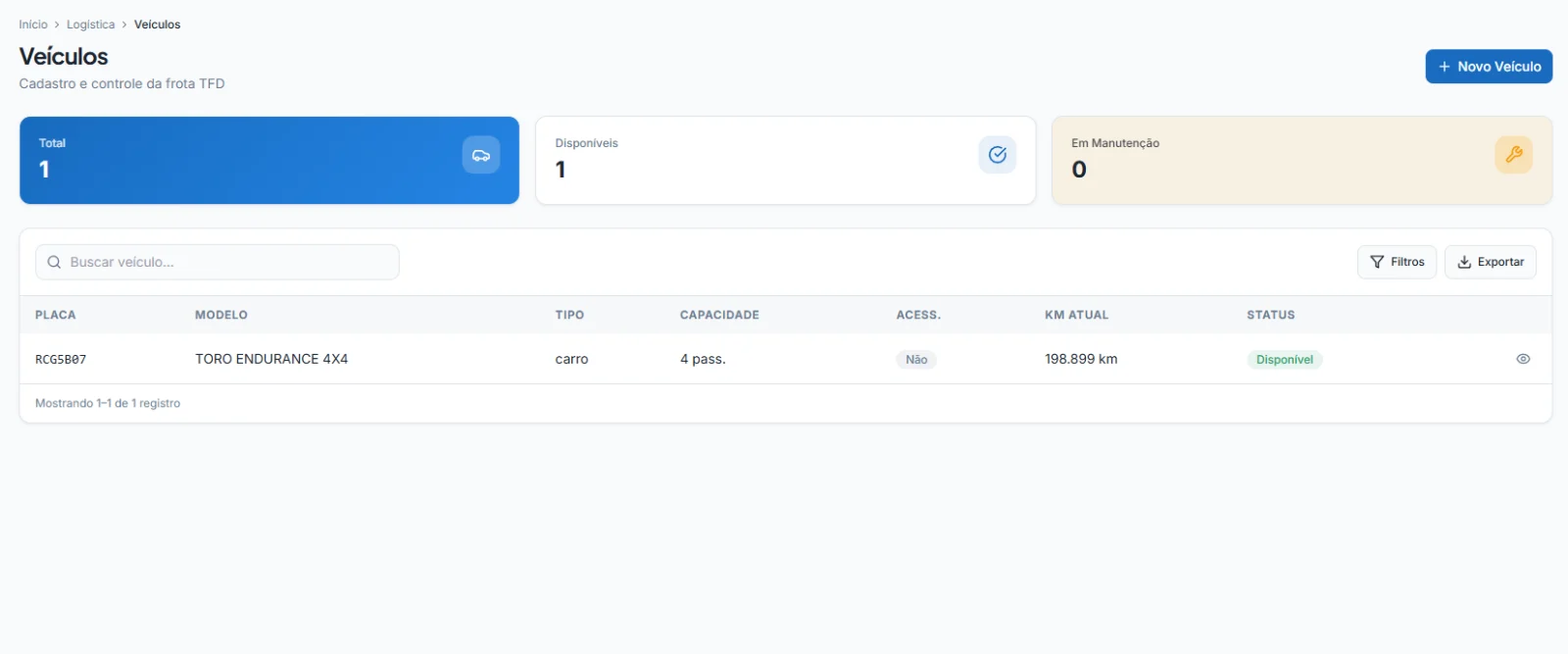 Portal oficial — Veículos com capacidade, acessibilidade e KM atual