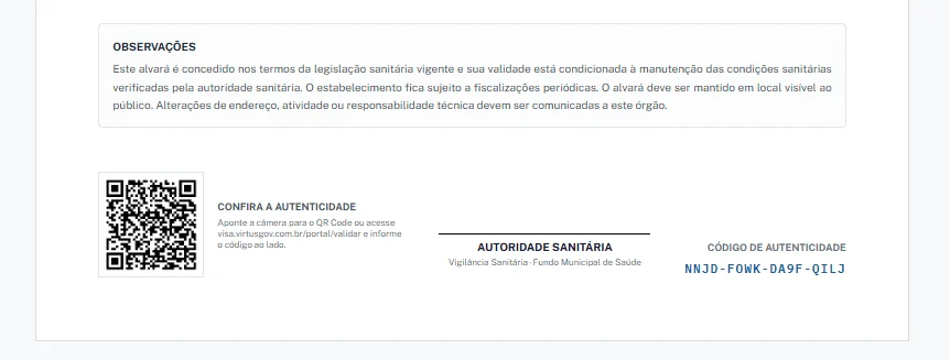 QR Code e código de autenticidade do alvará