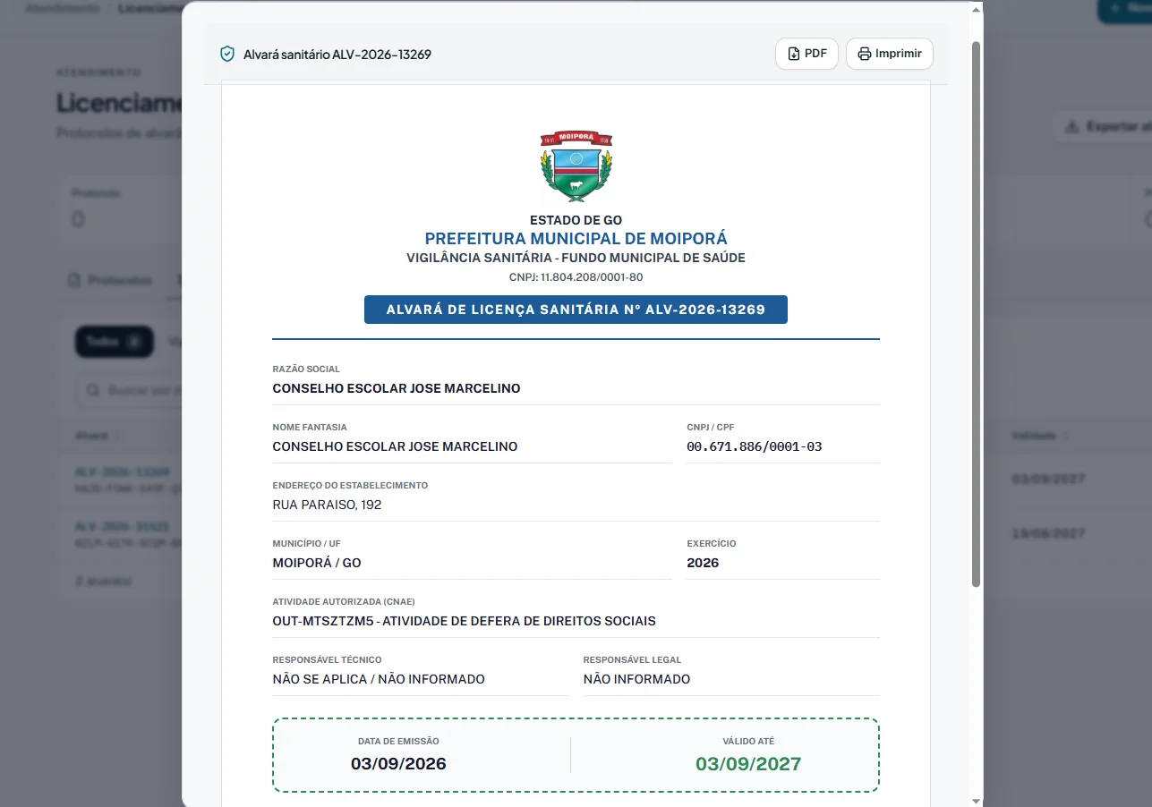 Portal oficial — Alvará sanitário com QR Code