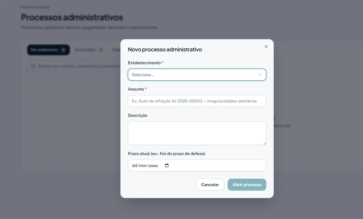 Tela do Vigilância Sanitária: Processo administrativo