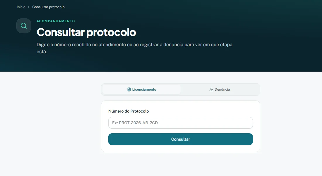 Portal oficial — Consulta de protocolo de licença ou denúncia