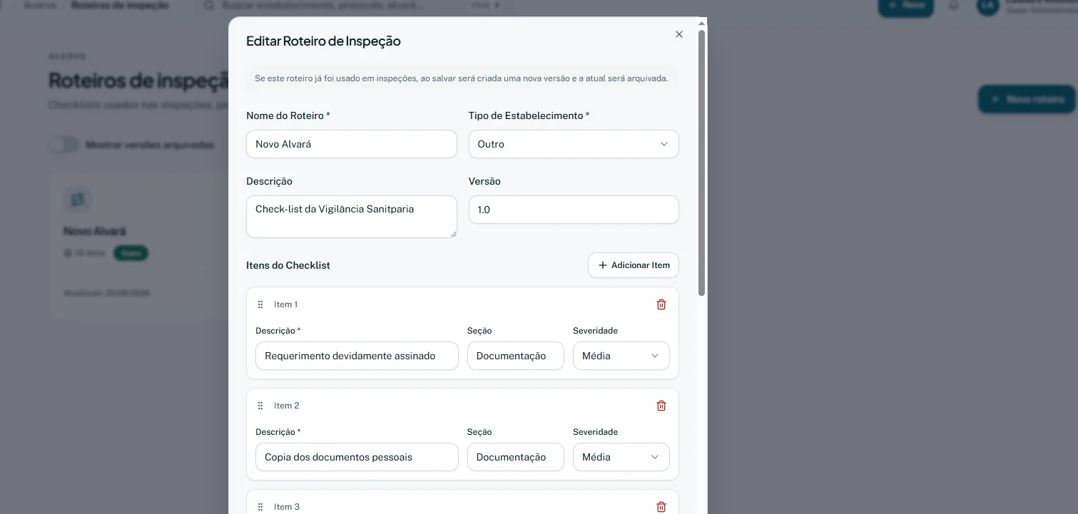 Portal oficial — Roteiros de inspeção versionados